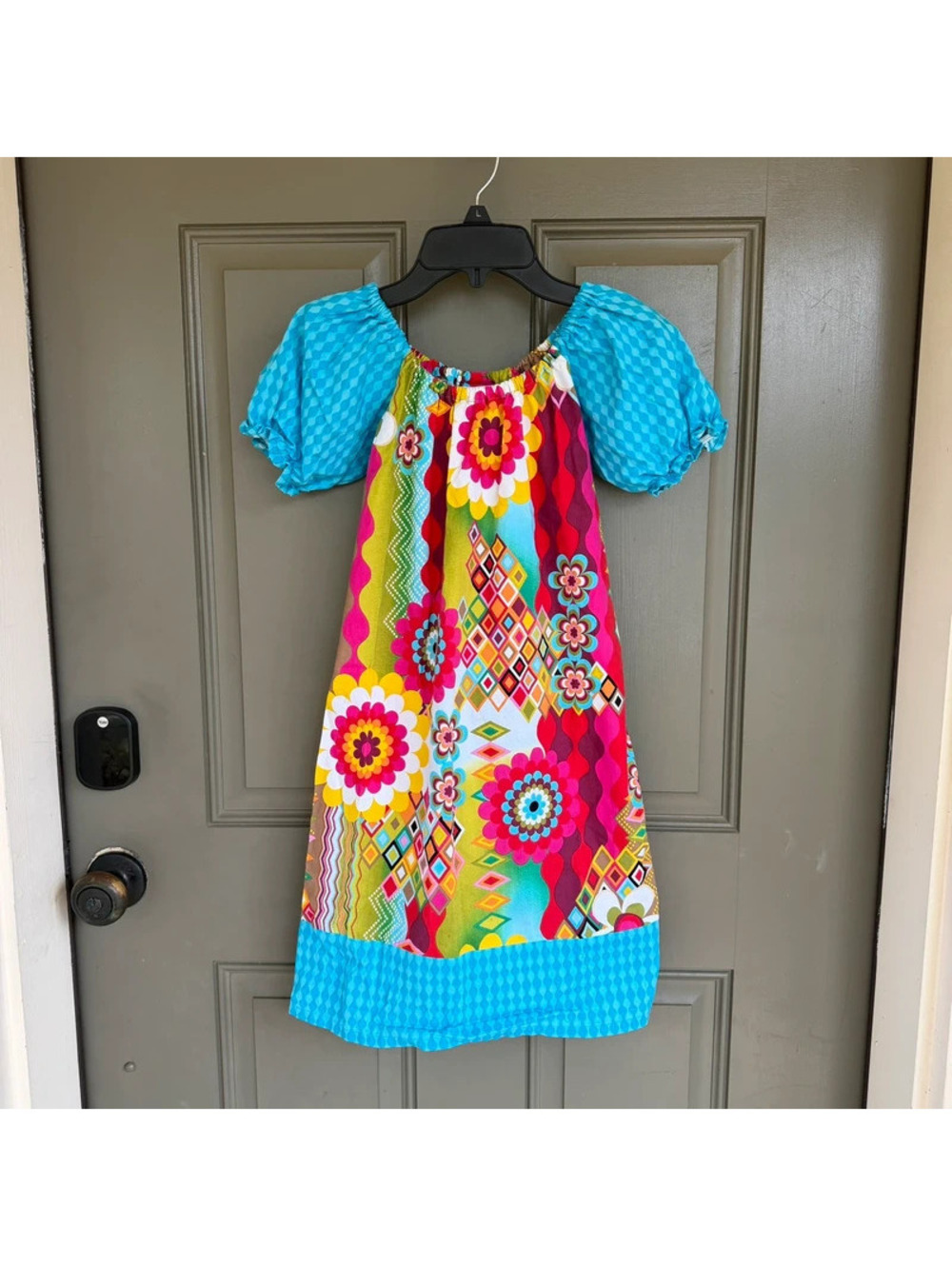 Posh Petites Retro Mod Floral Patchwork Puff Sleeve Dress Girls Size 7/8 Est
